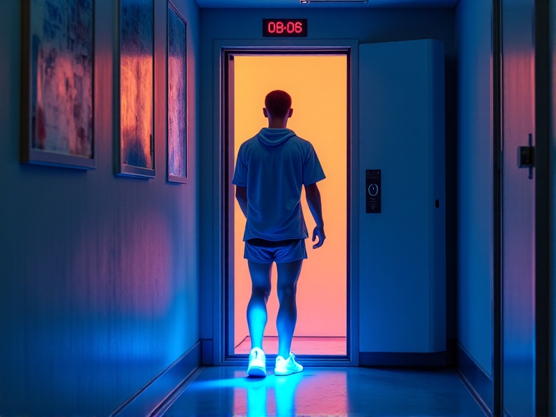 An athlete stepping out of a cryo chamber, wrapped in a warm blanket. An infrared thermography device nearby displays a thermal image of the athlete’s legs, highlighting areas of reduced inflammation in cool blue tones. The background features a gym with state-of-the-art equipment and motivational posters on the walls.