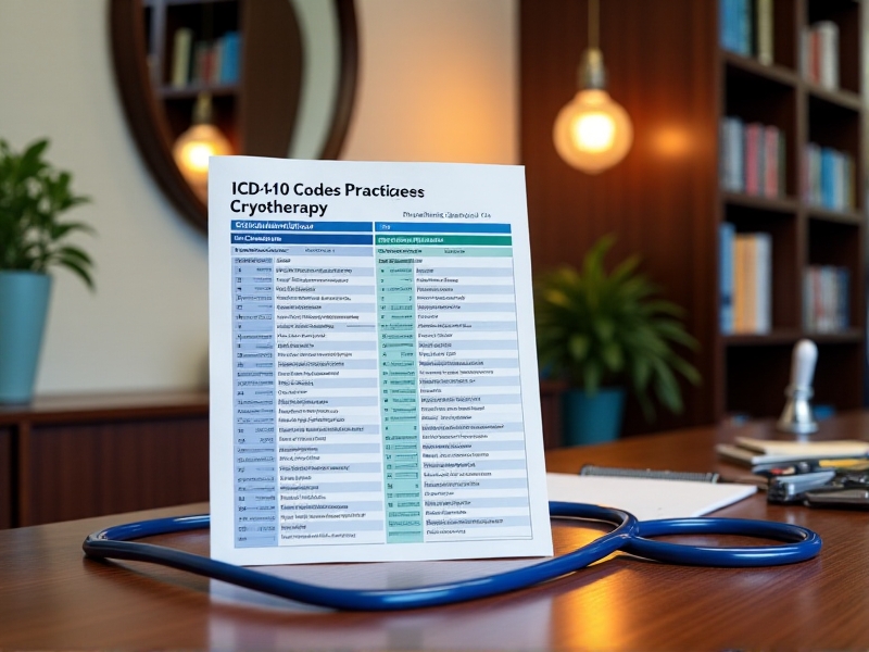 A detailed chart of ICD-10 codes related to cryotherapy, displayed on a desk in a healthcare office. The chart is well-organized, with color-coded sections for easy reference, and a stethoscope lies nearby.