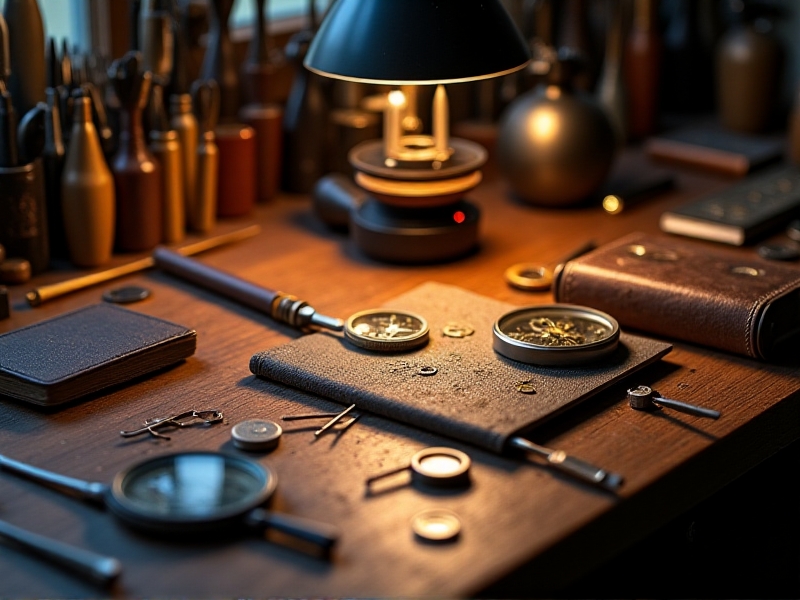 An array of precision watchmaking tools laid out on a wooden workbench, including screwdrivers, tweezers, a loupe, and a lathe. The tools are surrounded by small brass and steel components, with soft, focused lighting creating a serene and focused atmosphere. The image conveys the precision and care required in watchmaking.