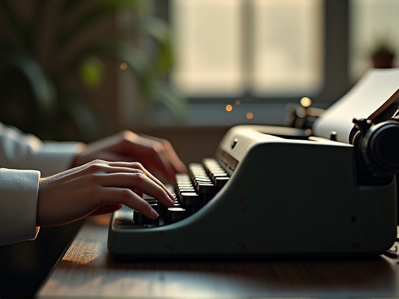 A close-up of hands typing on a vintage typewriter, with blurred focus on the typewriter keys and paper. The background features a serene office space with soft lighting and minimal decor, emphasizing the calm and focused mood of the scene.