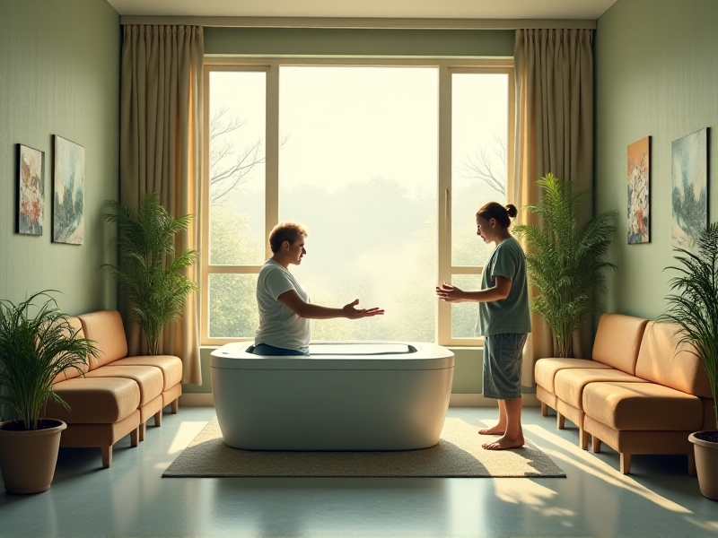 A rehabilitation center therapy room featuring an ergonomic water tank, with a therapist assisting a patient. The room is bright and welcoming, emphasizing the positive impact of ergonomic design.