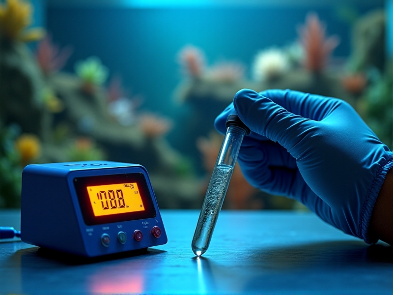 A close-up of a digital pH meter and a liquid test kit placed on a table next to a saltwater aquarium, with a hand holding a test tube filled with water, emphasizing the importance of accurate pH testing for tank maintenance.